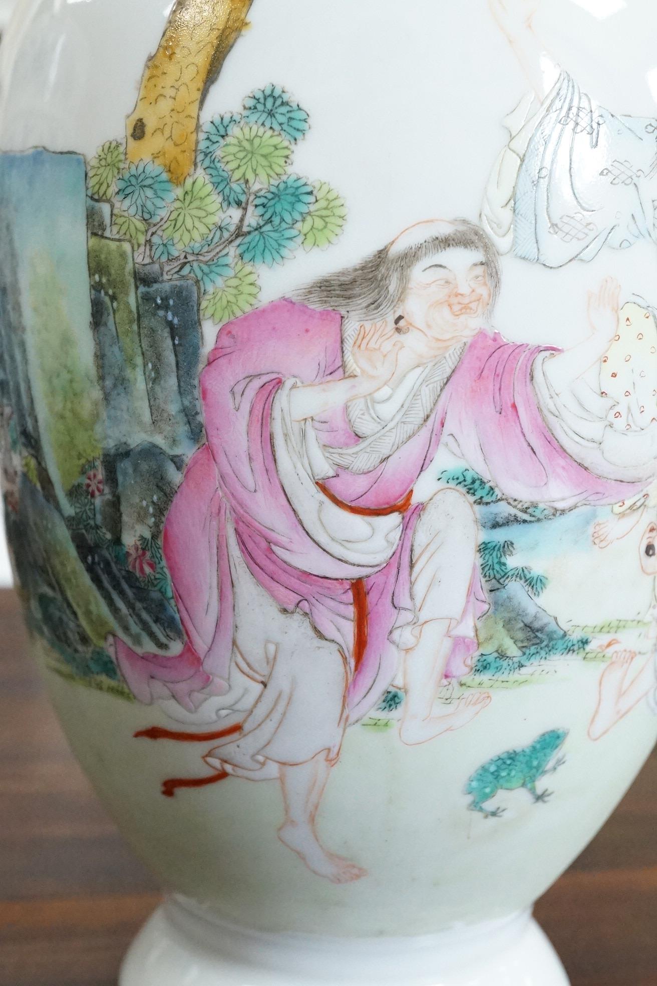 A Chinese famille rose ‘Liu Hai’ bottle vase, Qianlong six character seal mark but Republic period